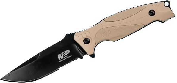 Smith & Wesson M2.0 M&P Thin Fixed Blade Knife 4.125" Black Combo Blade, FDE Rubber Overmold Handles, Polymer Sheath