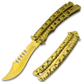 Serrated Swift Gold Handle Balisong Gold Blade Coated Butterly Knife C