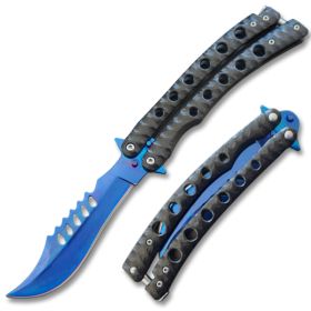 Serrated Swift Black Handle Balisong Two-Tone Blue Blade Coated Butter