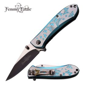4 Inch Closed Butterfly Design Assisted Opening Knife Blue Silver Handle
