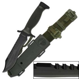 12 in Black Survival Bowie Knife With ABS Sheath | Reverse Double Serration
