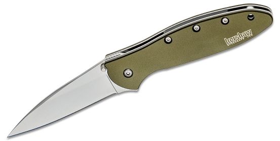 Kershaw 1660OL Ken Onion Leek Assisted Flipper Knife 3" Bead Blast Plain Blade, OD Green Aluminum Handle