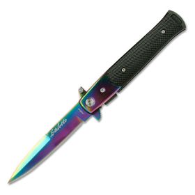 Stiletto Style Spring Assist knife Rainbow Finish Spear Point Blade