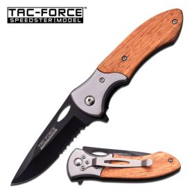 4.5 in Closed Tac Force Wood Handle Spring Assisted Knife Serrated Blade