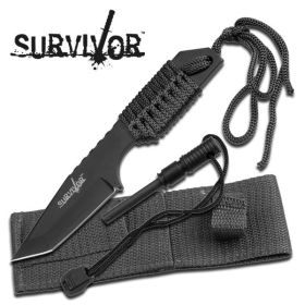 Black 7" Full Tang Tanto 4mm Blade Survival Knife with Sheath & Fire Starter